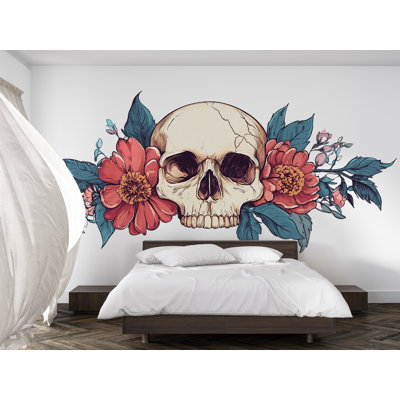 Décalcomanie murale crâne floral, autocollant mural crâne et fleurs, art mural botanique gothique, décor de crâne bohème, décoration murale de chambre à coucher alternative 405GM