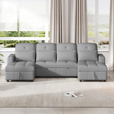 110" U-shaped Pull-out Sofa Bed Sectional with 2 Storage Chaise Lounges,2 USB Ports, and 4 Pillows