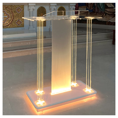 Grand podium en acrylique transparent de 46,5 po avec 4 roues et lumières DEL, pupitre d'églises en plexiglas de 10 mm d'épaisseur avec tablette de rangement, support de pupitre pour Église, école et bureau