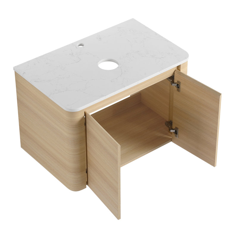 Meuble-lavabo mural de 107 cm avec lavabo en céramique artistique, 1 tablette de rangement et 45 poignées dissimulées. Expérience de salle de bain confortable. Matériau résistant aux égratignures et à l'eau pour les salles de bain.