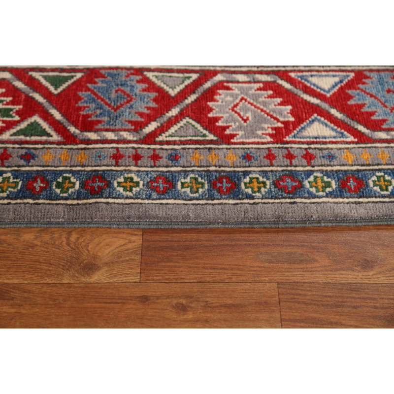 Tapis rouge / gris / bleu en laine noué à la main de conception unique 5 pi 9 po x 8 pi New Age
