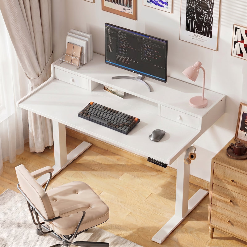 Electric Standing Desk with Drawers, Ergonomic Office Desk,  Featuring 2 Storage Drawers and 4-Preset Height Memory Buttons,Computer Desk Space Saving Corner Desk for Home Office.