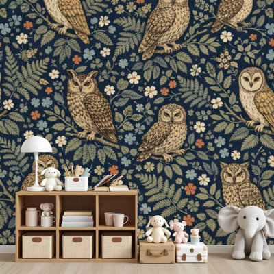 Papier peint adhésif mural hibou fantaisiste à motif floral bleu foncé H 69 po x l 96 po, adhésif mural amovible pour chambre à coucher, bureau à domicile