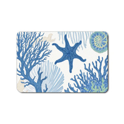 Doorstep Porch Blue Coral Starfish Front Door Mat, 24"x 36", Blue & White