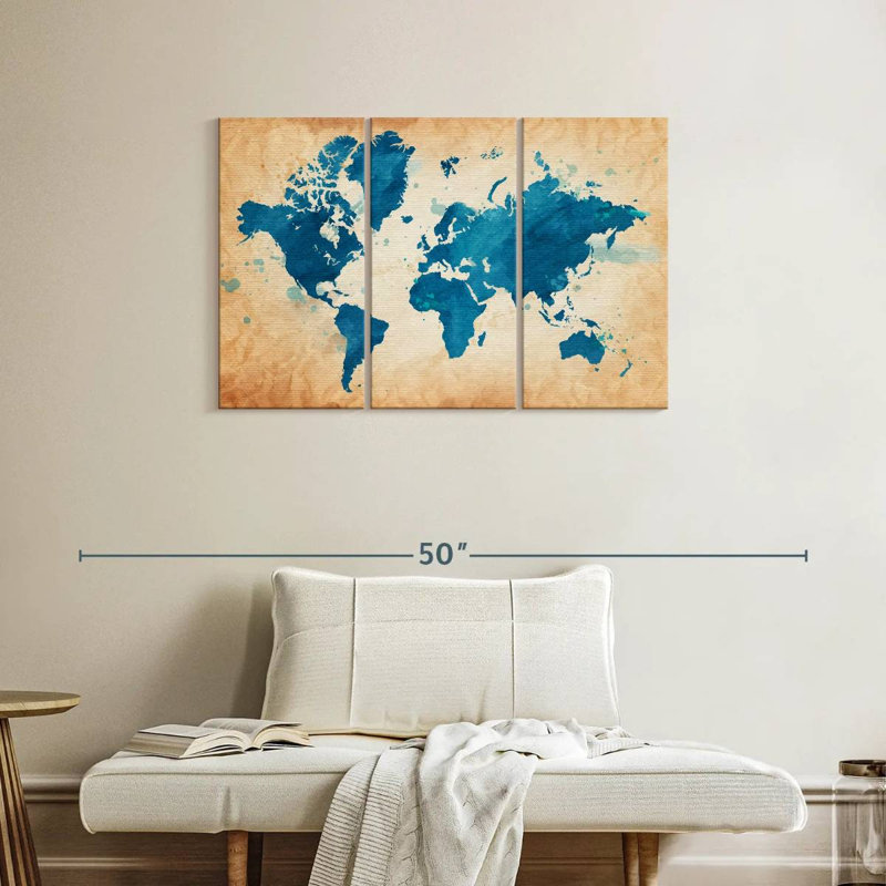 Carte du monde texturée bleue Aliaz, H 24 po x l 38 po