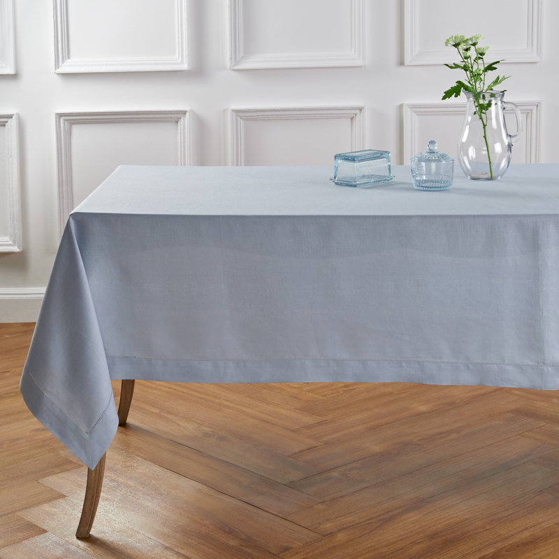 100% Pure Linen Hemstitch Table Cloth - Classic Hemstitch, Dusty Blue, 90" x 60"