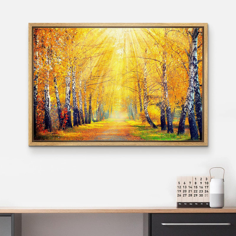 «Autumn Fall Sunlight Shine Over Yellow Autumn Forest Path» sur toile, H 16 po x l 24 po x P 1,5 po, Cadre naturel
