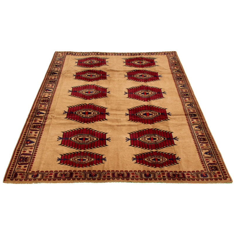 Tapis décoratif beige en laine noué à la main de conception unique 6 pi 9 po X 9 pi 2 po noué à la main New Age