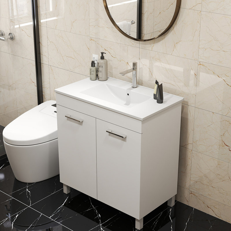 Meuble-lavabo de salle de bain 32 po avec lavabo, portes doubles avec charnières à fermeture douce, armoire de salle de bain avec tablette ajustable, poignée en métal, lavabo en céramique, pieds argent réglables