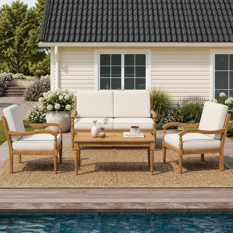 Ensemble de conversation 4 pièces avec coussins, ensemble de conversation d'extérieur en bois d'acacia, naturel et beige