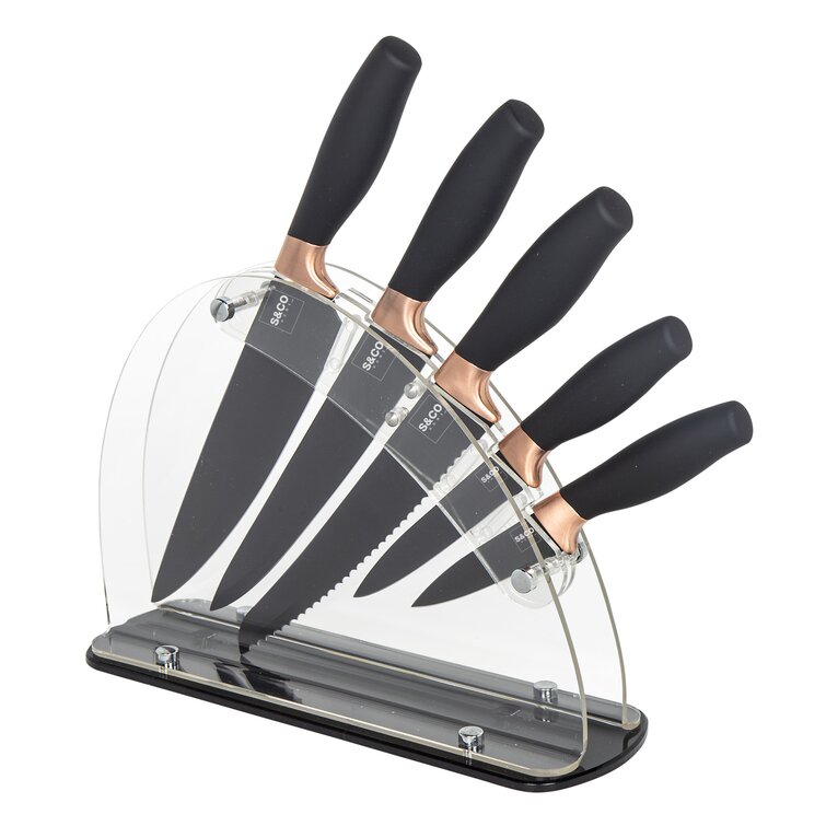 Hammered Stainless Steel Series 6-piece Knife Set + Acacia Wood Magnetic  Knife Holder - Style 1