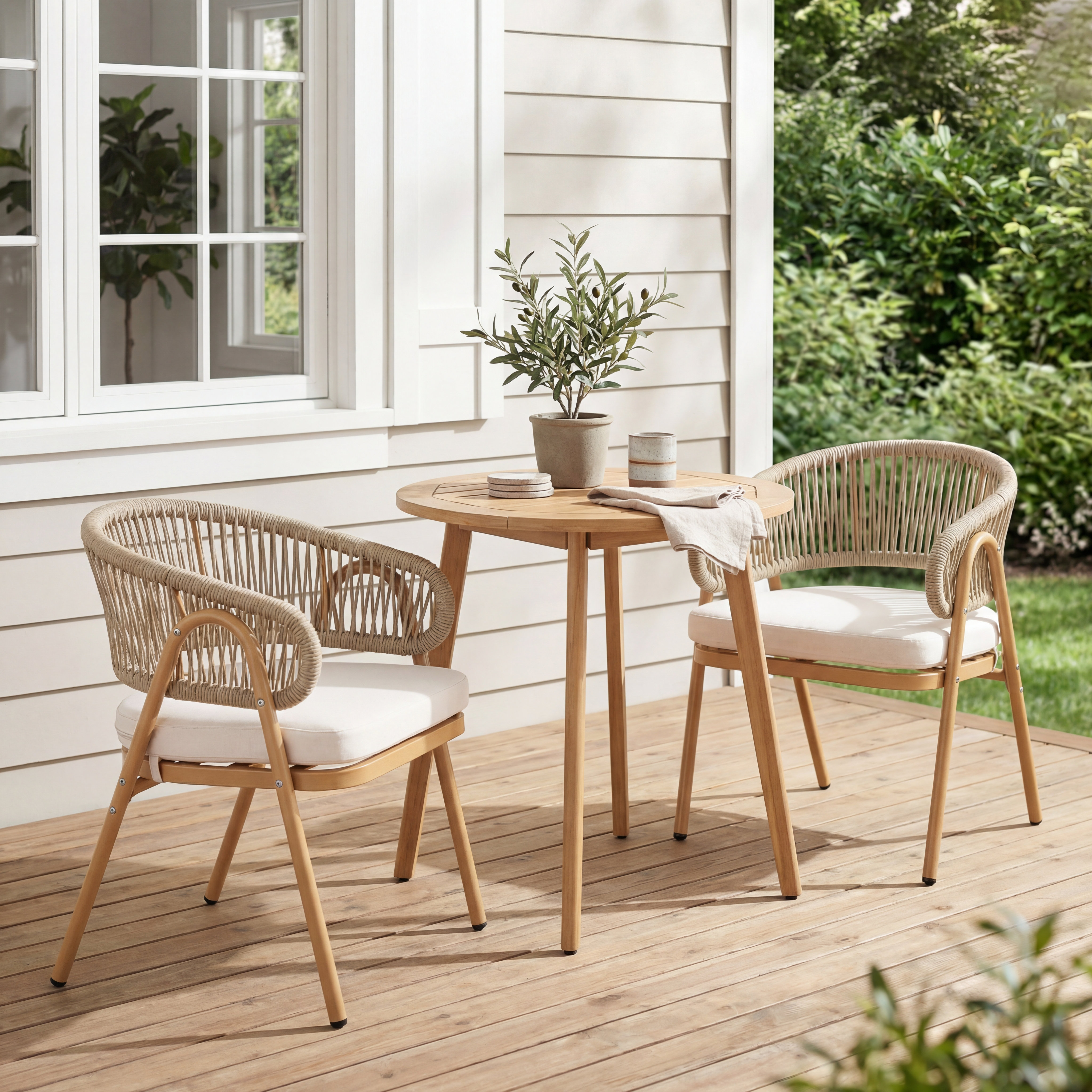 Outdoor Rope Dining Chair – Modern Patio Metal Rope Chair With Wraparound Back & Armrests (Set of 2) - Beige