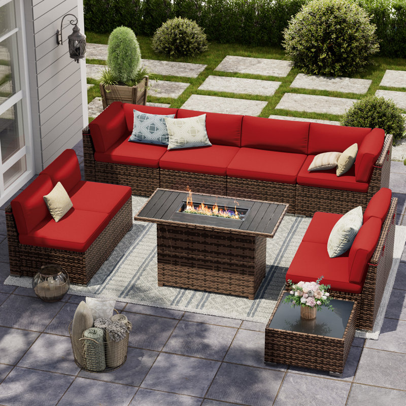 Avamay Rattan Sectional Seating Group with Cushions, Burgundy Performance Microfiber, Yes