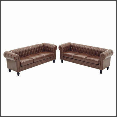 Ensemble de canapé Chesterfield 2 pièces, canapé-lit 3 places avec accoudoirs roulés, canapé à 3 places avec accoudoirs roulés, ensemble de canapé brun pour bureau à domicile A-2