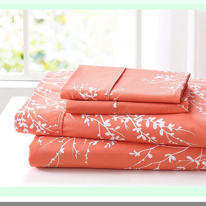 LuxurySoft Queen Size Microfiber Foliage Bed Sheets - 4 Piece Set, Soft Polyester Sheets for All Seasons in Coral - Queen Size Sheets