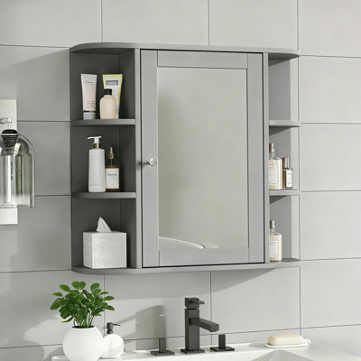 Bathroom Wall Storage Cabinet With Mirror, Medicine Cabinet With Adjustable Wood Shelf & Doors, Mounted Storage Cabinets With 6 Open Shelves, Blue
