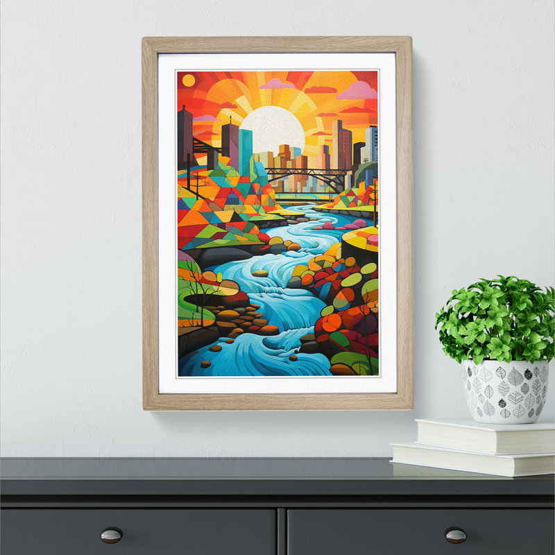 River Constructivism No.2 - Single Picture Frame Print on Wood, Oak, 64cm H x 46cm W x 2cm D
