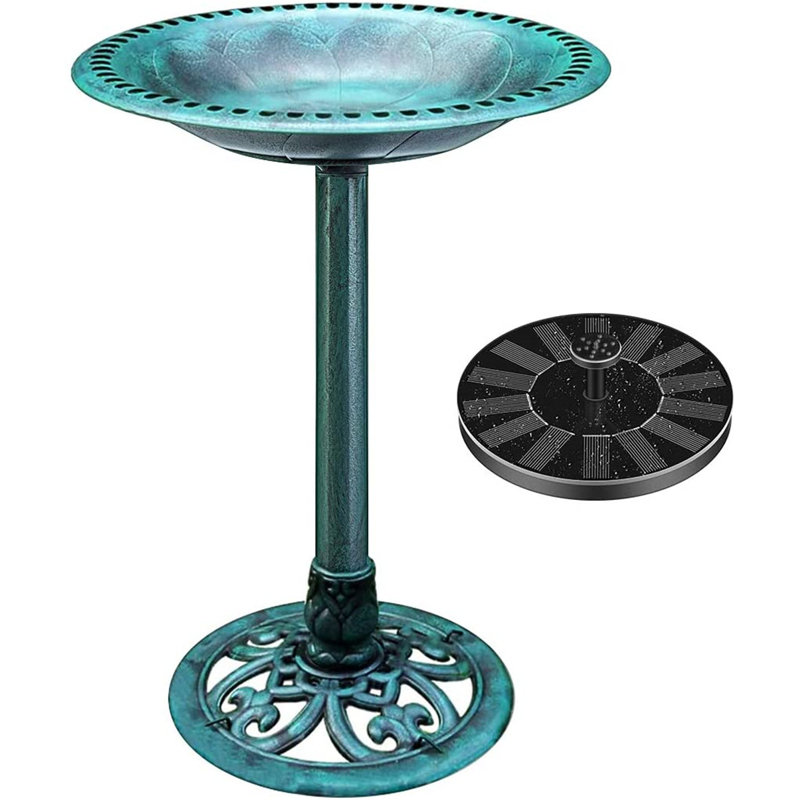 Outdoor Polyresin Antique Bird Bath with Solar Powered Round Pond Fountain, Green