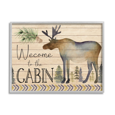«Welcome to the Cabin Moose Silhouette» - Cadre flottant, impression sur bois