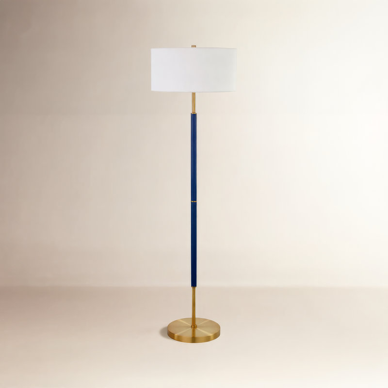 62 Inch Two-Tone Floor Lamp Fabric Drum Shade Blue Brass Contemporary Olie, Blue/Brass