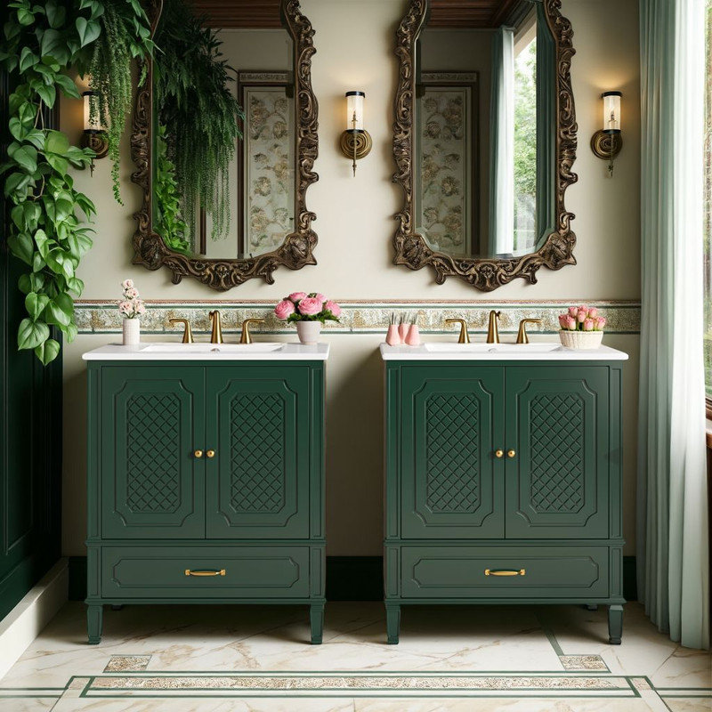 Ensemble de meuble-lavabo double 60 po, Vert, Ensemble de centre 7 po