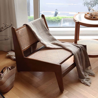 Méridienne moderne en rotin Mid-Century, structure en bois de noyer, fauteuil d'angle confortable pour le salon, la chambre à coucher et le balcon