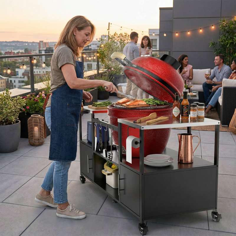 Outdoor Grill Table for Big Green Egg Style BBQ, Metal Grill Cart with Storage Box, Compatible with up to Large Green Egg, Kamado Joe Jr