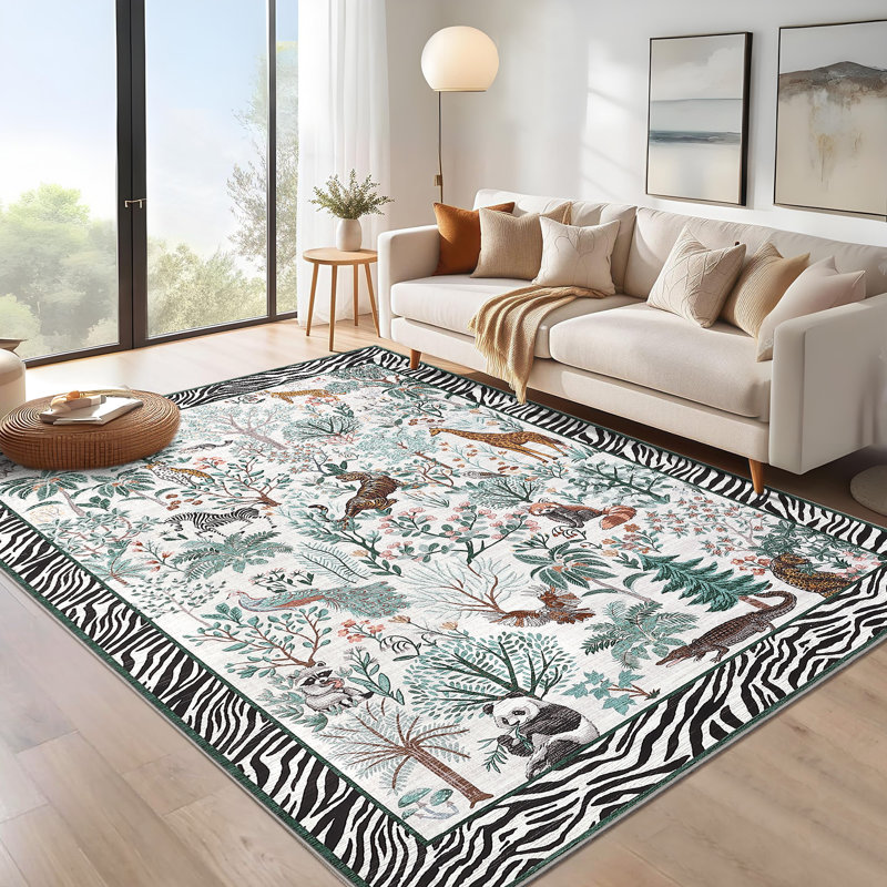 Tapis de salon pour animaux lavable Jungle, Rectangulaire 8 pi x 10 pi, Blanc cassé