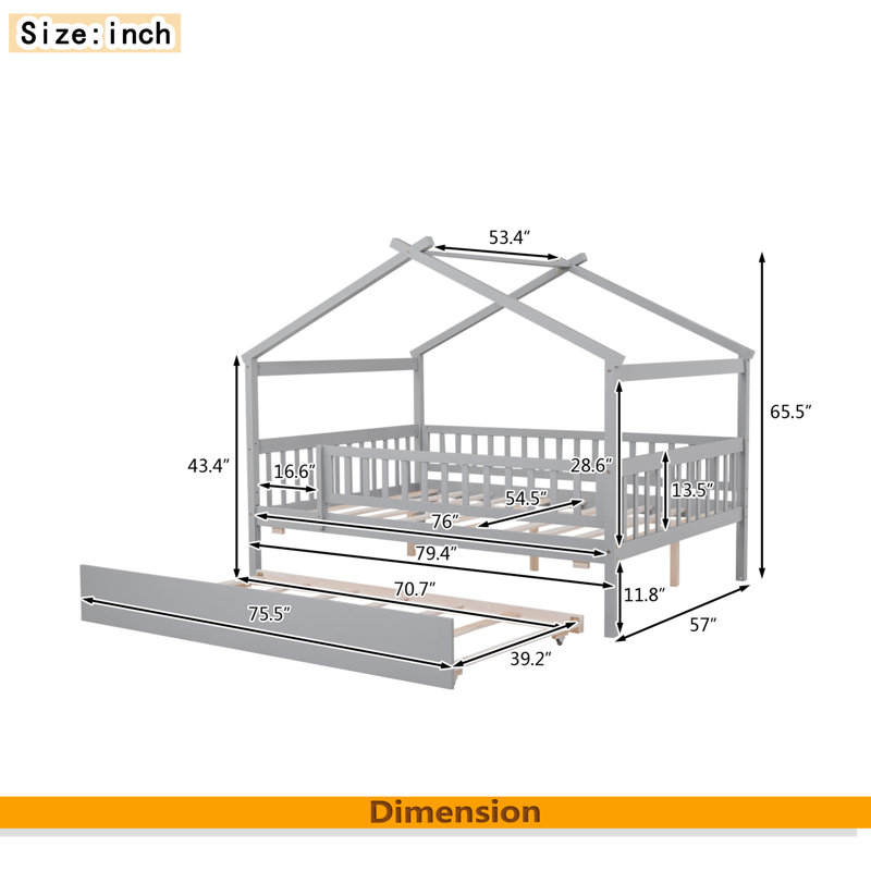 Lit en bois avec couchette, Gris, Double