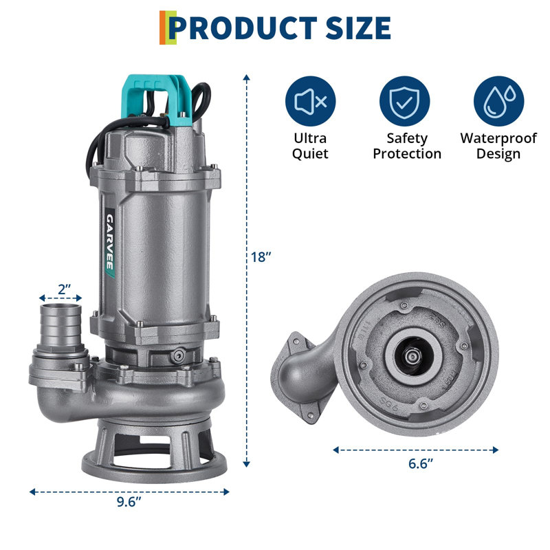 Submersible Sewage/Effluent Pump 1HP, 5280 GPH, Cast Iron, Automatic Float Switch, 2" Outlet for Basement