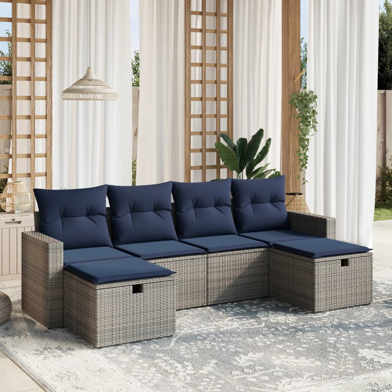 Ensemble de canapés de patio 6 pièces avec coussins d'extérieur en rotin gris contemporain