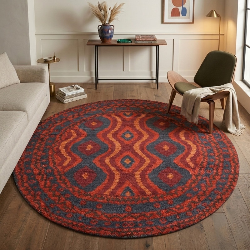 Tapis d'intérieur rond oriental noué à la main, multicolore, en soie et laine, Round 4'