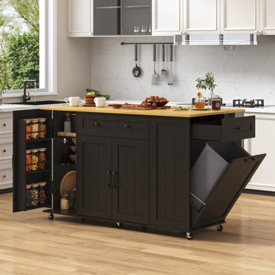 Chariot de cuisine mobile de 59 po à roulettes avec abattant et armoire à déchets cachée, table d'îlot de cuisine en bois d'hévéa sur roulettes avec tiroir et armoire de rangement, porte-serviettes, porte-épices, roulettes verrouillables, prise de courant pour la cuisine