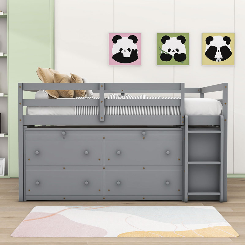 Jahdir 4 Drawers Wood Loft Bed with Retractable Writing Desk, Gray, Full