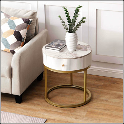 Table de chevet 19,68 pouces avec tiroir, table de bout ronde en marbre avec rangement, table d'appoint