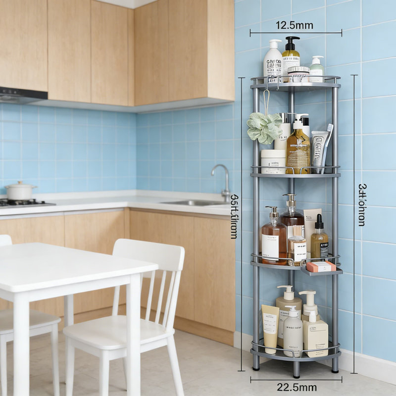 Support de coin pour chariot de douche, organisateur de douche en métal antirouille à 4 niveaux avec porte-savon et crochets, pieds réglables pour le rangement dans la salle de bain
