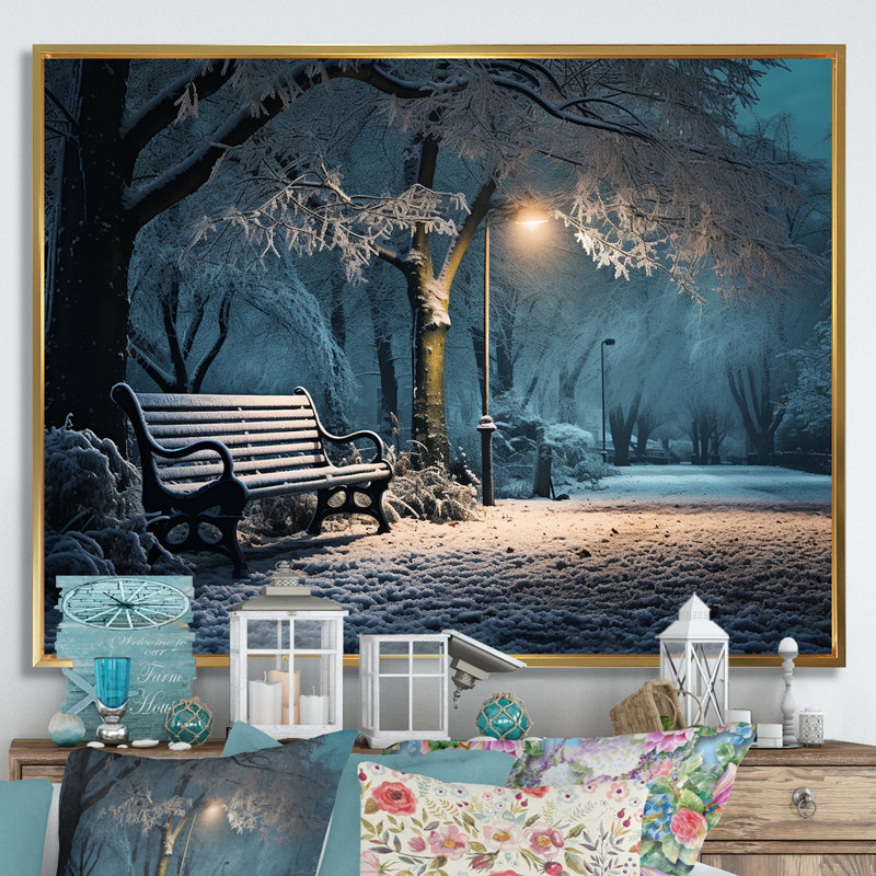 «Snowy Park Floral Canopy At Night - Forest», art mural sur toile tendue, Cadre flottant doré, H 30 po x l 40 po x P 1,5 po