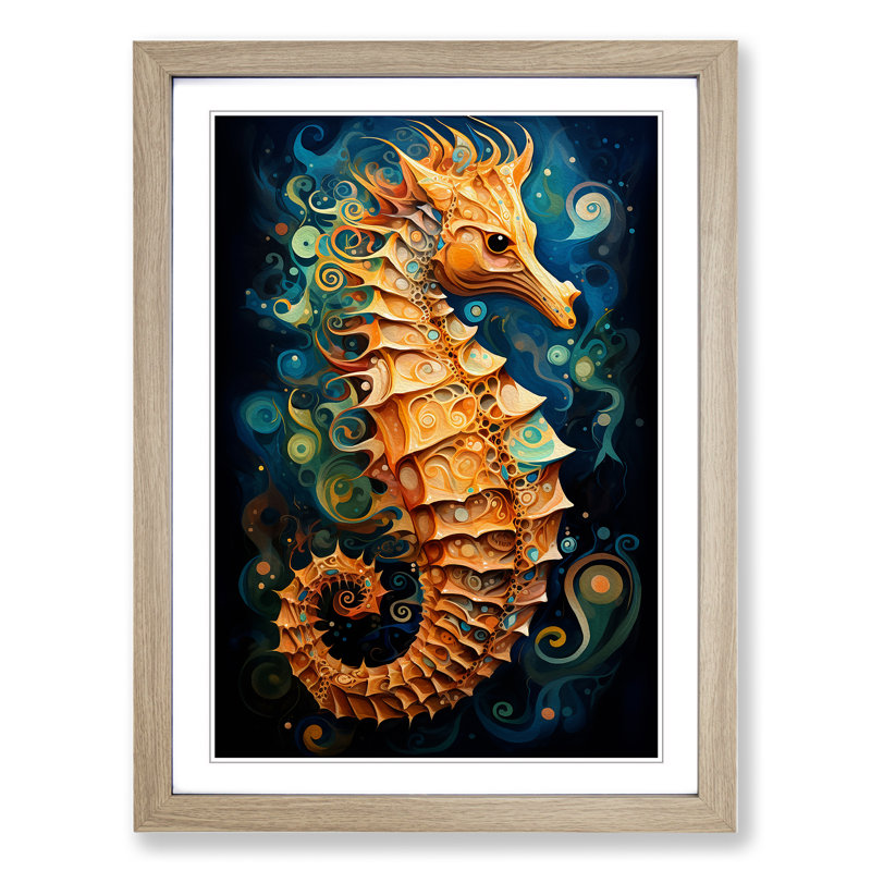 Seahorse Abstract - Single Picture Frame Print on Wood, Oak Framed, 46cm H x 34cm W x 2cm D