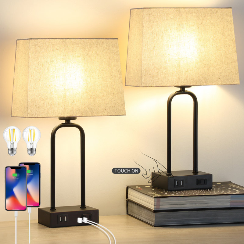 Jaira 18" Black Metal USB Table Lamp Set with Touch Control and Bulbs