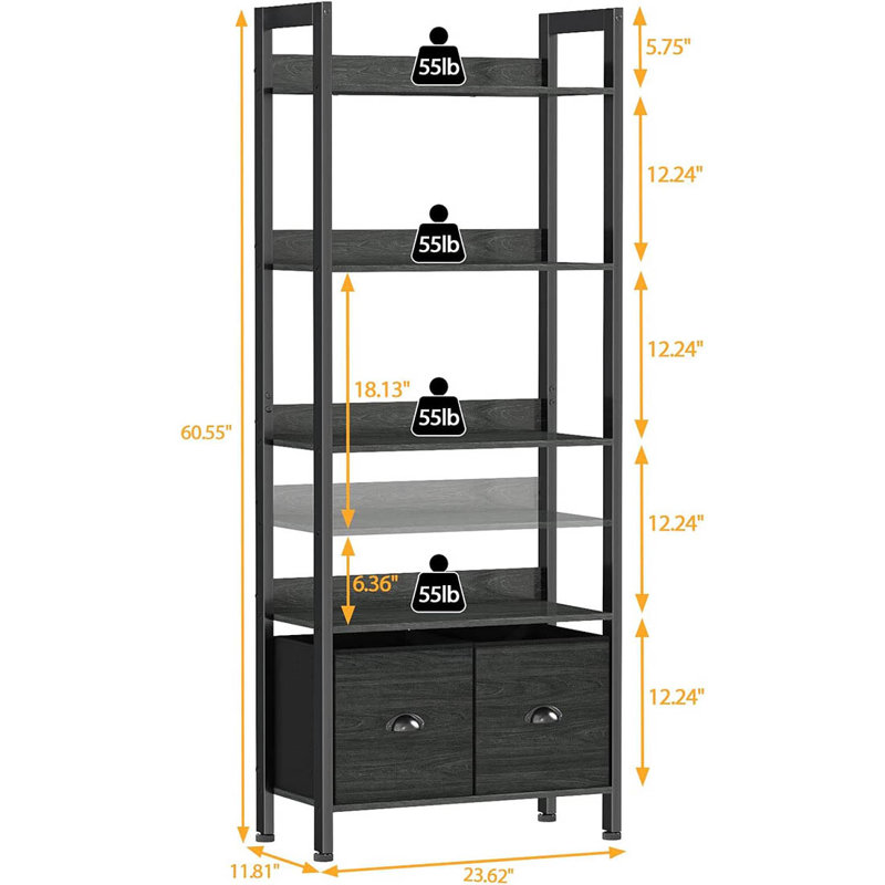 5-Tier Bookshelf, Tall Bookcase With 2 Storage Drawers, Black Oak