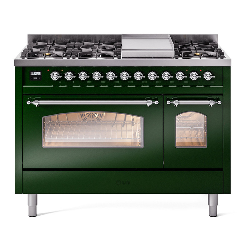 ILVE Nostalgie II Series 48 inch Dual Fuel Range with 8 Sealed Burners, Griddle (Glass Door), Liquid Propane