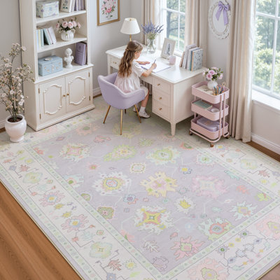 Boho Oushak Area Rugs, Washable Non-Slip Rugs, Oriental Floral Soft Thin Indoor Carpet