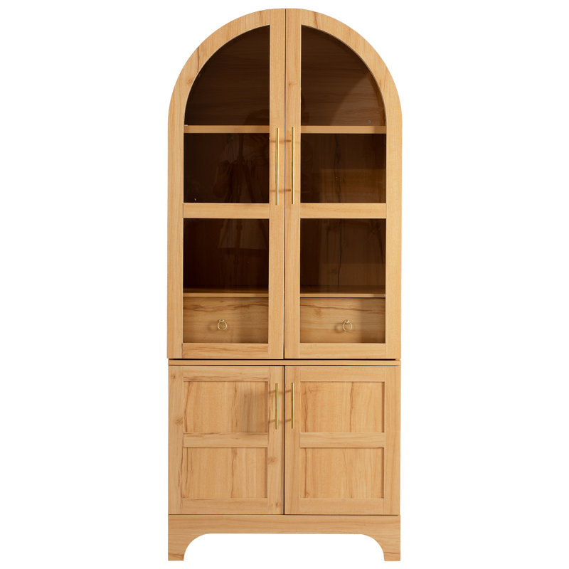 Grand garde-manger arqué avec tablettes de porte, armoire de rangement de cuisine de ferme avec tablettes ouvertes et réglables, tiroir caché et porte en verre, armoire