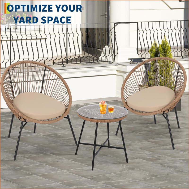 3 Piece Patio Bistro Set, Outdoor Acapulco Chairs Set Of 2 With Glass Top Table, All Weather Modern Patio Chairs With Cushions, Patio Conversation Bistro Set For Deck, Backyard, Balcony, Porch