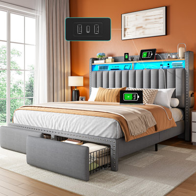Upholstered Bed Frame With 2 Drawers, Storage Bed With Headboard, Led Light And Charging Station