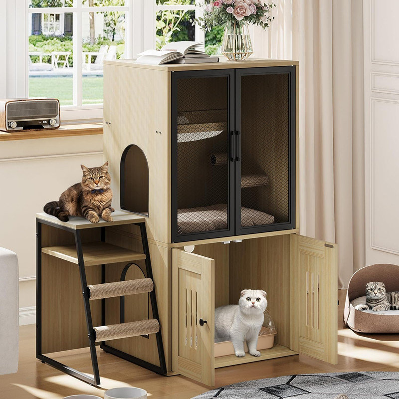 Double Cat Litter Box Enclosure with Ladder & Doors, Multi-Cat House with Storage Space and Hammock, Brown