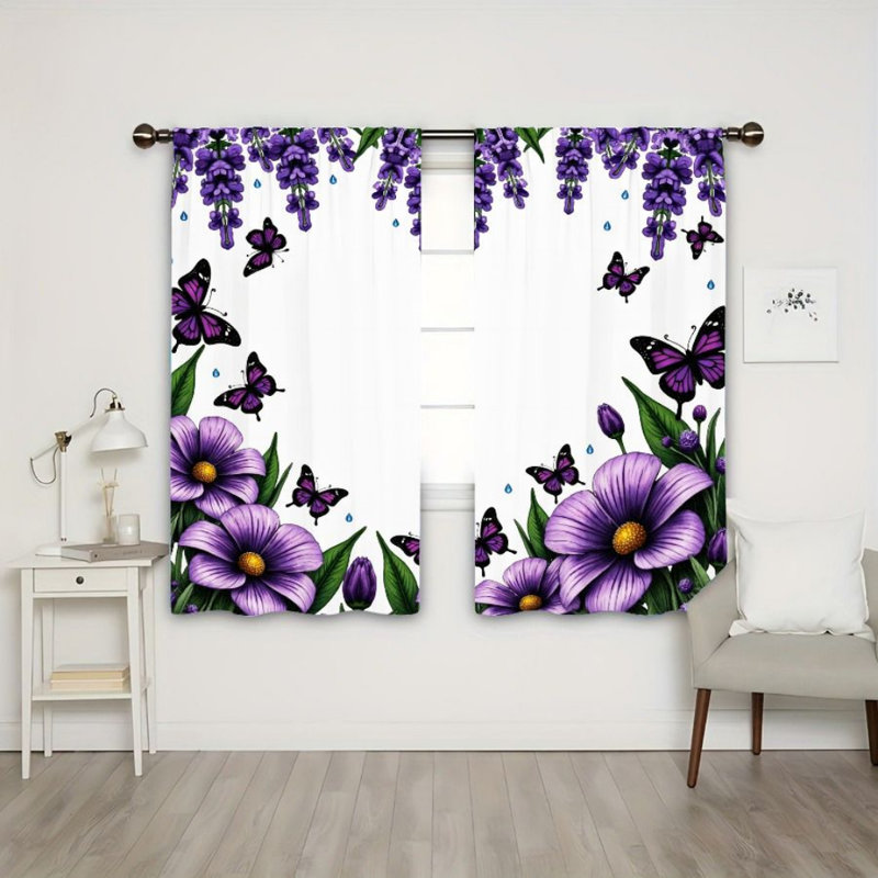 2 pièces de rideaux de fleurs mauves avec papillons, L 21 po x H 46 po x 2 pièces