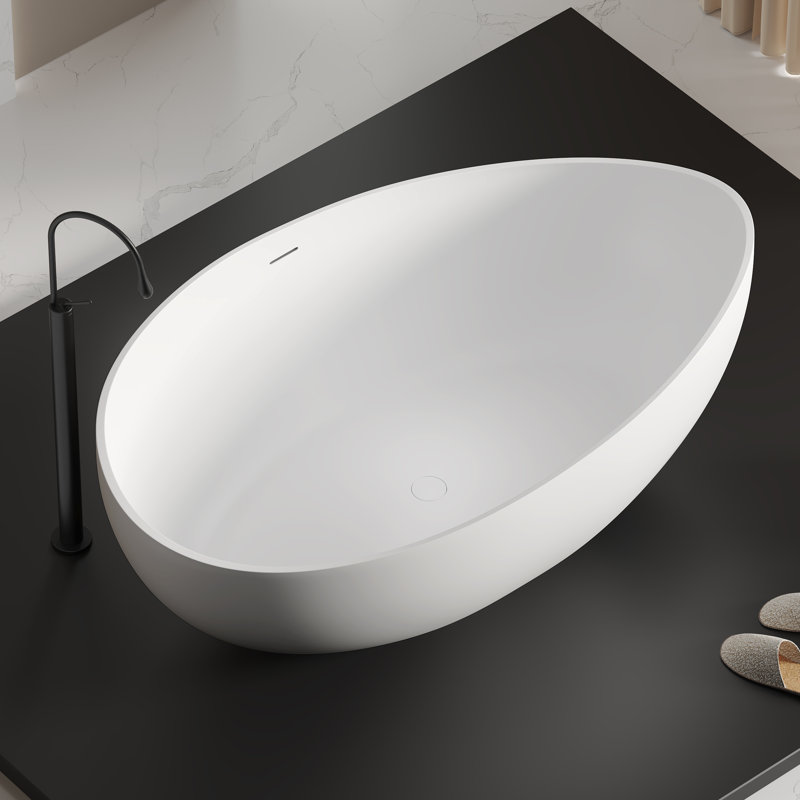 KAKUSIGA 63" Freestanding Deep Soaking Bathtub, Matte White Solid Surface Stone Resin Tub with Overflow and Pop-up Drain