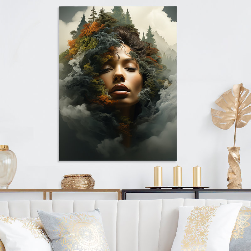 Double exposition «Woman and Mountain Echoes V» - art mural double exposition en métal, H 40 po x l 30 po x P 1,5 po