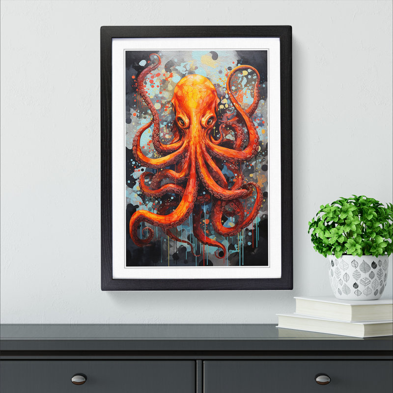 Octopus Modern - Single Picture Frame Print on Wood, Black , 46cm H x 34cm W x 2cm D